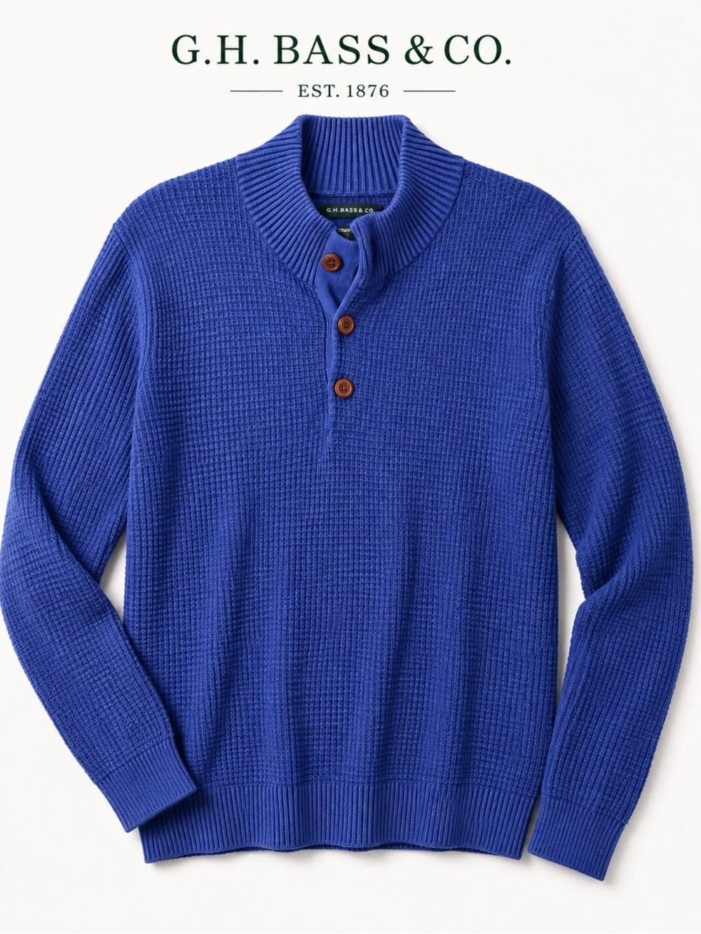 G.H. Bass & Co. Men’s Waffle Knit Mock Neck 3-Button Pullover Sweater Blue XL